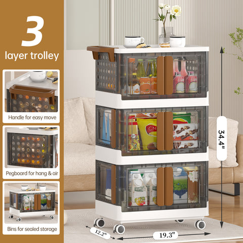 Rolling Cart 3 Tier Storage Cart with Drawer and Handle, 4 Directions Opening Grocery Trolley, Heavy-Duty Storage Trolley