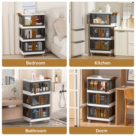 Rolling Cart 3 Tier Storage Cart with Drawer and Handle, 4 Directions Opening Grocery Trolley, Heavy-Duty Storage Trolley