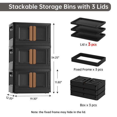 HAIXIN Storage Bin with Lid Black - Foldable Closet Storage and Organization Plastic Stackable Storage Box with Rollers Cube Container for Home Garage Office Craft Storage