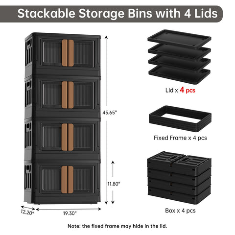 HAIXIN Storage Bin with Lid Black - Foldable Closet Storage and Organization Plastic Stackable Storage Box with Rollers Cube Container for Home Garage Office Craft Storage