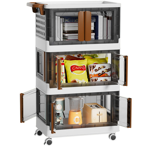 Rolling Cart 3 Tier Storage Cart with Drawer and Handle, 4 Directions Opening Grocery Trolley, Heavy-Duty Storage Trolley