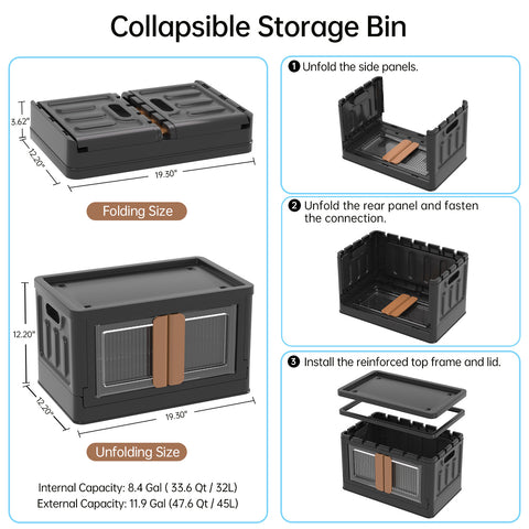 HAIXIN Storage Bin with Lid Black - Foldable Closet Storage and Organization Plastic Stackable Storage Box with Rollers Cube Container for Home Garage Office Craft Storage