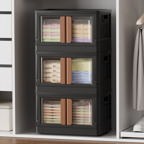 HAIXIN Storage Bin with Lid Black - Foldable Closet Storage and Organization Plastic Stackable Storage Box with Rollers Cube Container for Home Garage Office Craft Storage