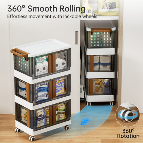 Rolling Cart 3 Tier Storage Cart with Drawer and Handle, 4 Directions Opening Grocery Trolley, Heavy-Duty Storage Trolley