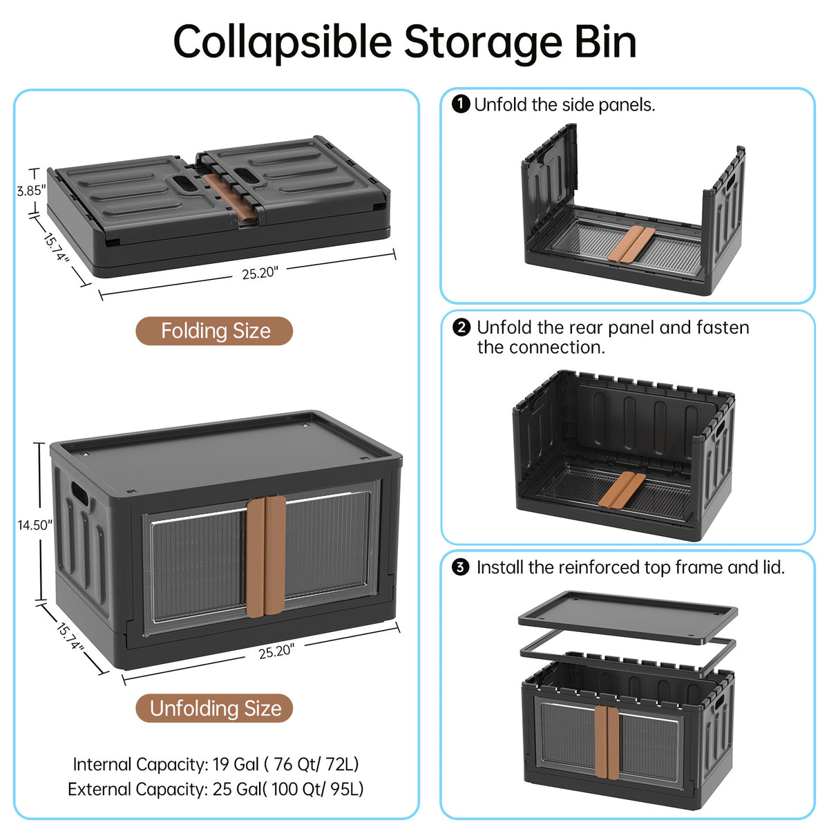 HAIXIN Storage Bin with Lid Black - Foldable Closet Storage and Organization Plastic Stackable Storage Box with Rollers Cube Container for Home Garage Office Craft Storage