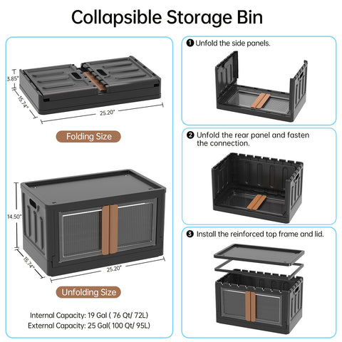 HAIXIN Storage Bin with Lid Black - Foldable Closet Storage and Organization Plastic Stackable Storage Box with Rollers Cube Container for Home Garage Office Craft Storage