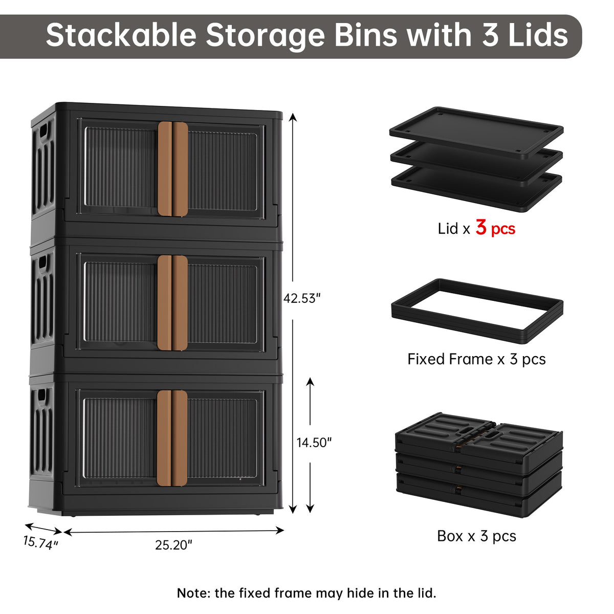 HAIXIN Storage Bin with Lid Black - Foldable Closet Storage and Organization Plastic Stackable Storage Box with Rollers Cube Container for Home Garage Office Craft Storage
