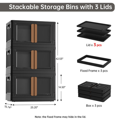 HAIXIN Storage Bin with Lid Black - Foldable Closet Storage and Organization Plastic Stackable Storage Box with Rollers Cube Container for Home Garage Office Craft Storage