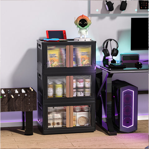 HAIXIN Storage Bin with Lid Black - Foldable Closet Storage and Organization Plastic Stackable Storage Box with Rollers Cube Container for Home Garage Office Craft Storage