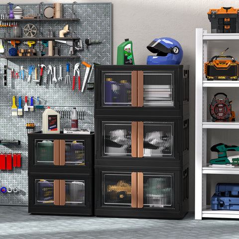 HAIXIN Storage Bin with Lid Black - Foldable Closet Storage and Organization Plastic Stackable Storage Box with Rollers Cube Container for Home Garage Office Craft Storage