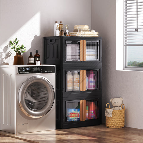 HAIXIN Storage Bin with Lid Black - Foldable Closet Storage and Organization Plastic Stackable Storage Box with Rollers Cube Container for Home Garage Office Craft Storage