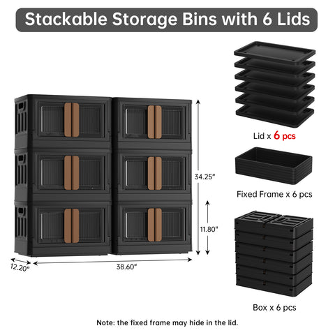 HAIXIN Storage Bin with Lid Black - Foldable Closet Storage and Organization Plastic Stackable Storage Box with Rollers Cube Container for Home Garage Office Craft Storage
